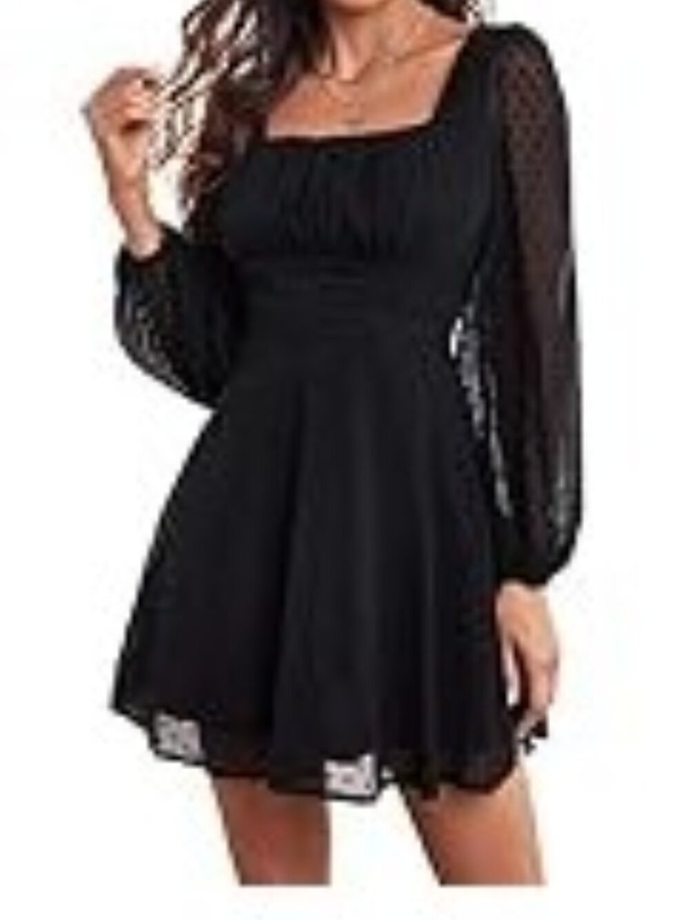 Elegant Black Swiss Dot Long-Sleeve Mini Dress